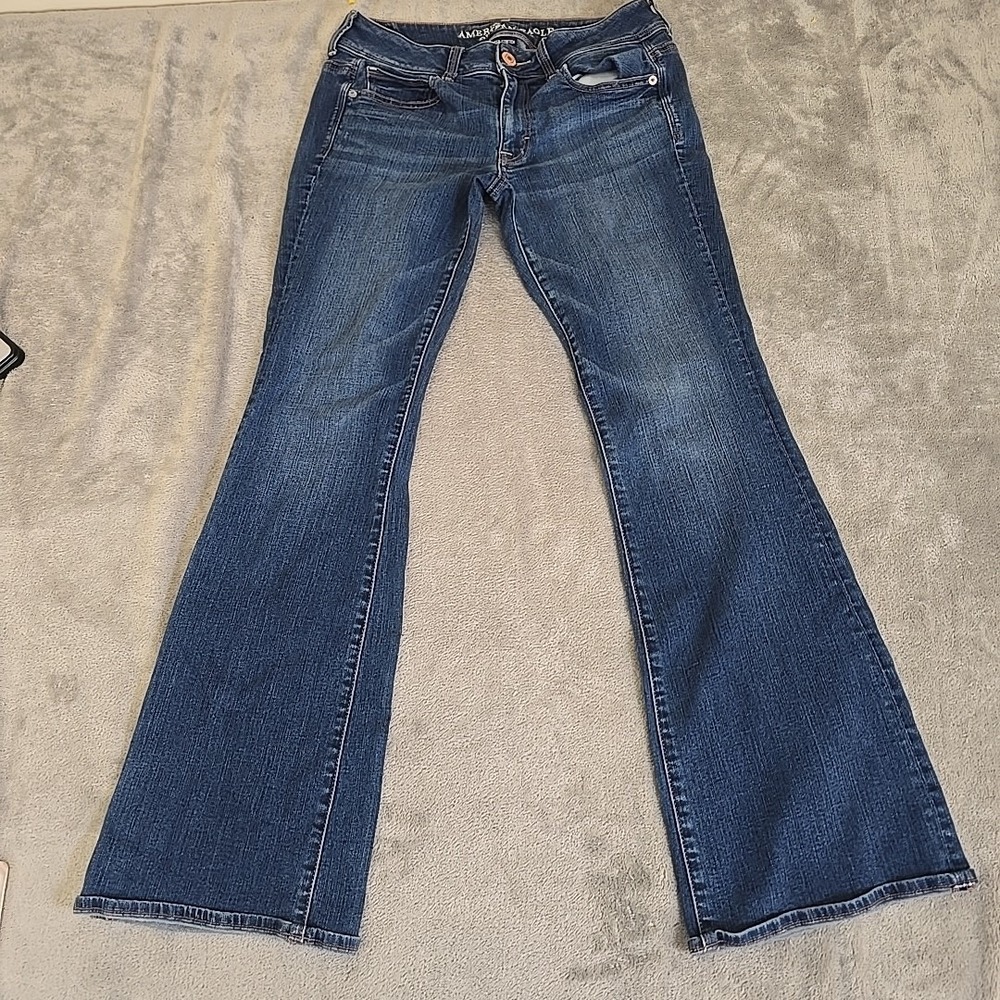 American Eagle Jeans Womens 8 Blue Kick Boot Long Dark Wash Super Stretch Flare - Picture 1 of 10